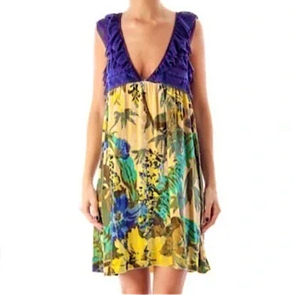 Free People babydoll tropical boho mesh velvet burnout dress date night vacay XS